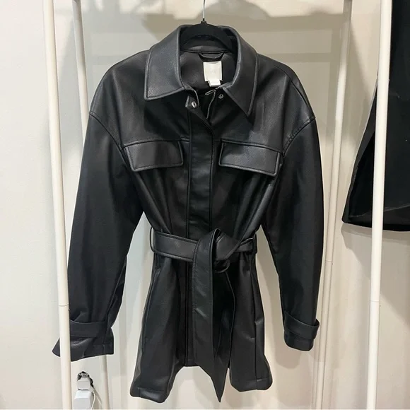 H&M Faux Leather Tie-Waist Cinched Waist Jacket Sz Size Small
